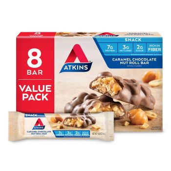 Atkins Snack Bar, Caramel Chocolate Nut Roll, Keto Friendly, je ca.43g, 8 Stück