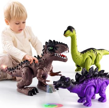 TEMI 3er-Pack elektrisch laufende Dinosaurier-Spielzeuge für Kleinkinder 2-4 3-5 Jahre mit Brüllgeräuschen und Lichtern, realistischer Roboter T-Rex, Brachiosaurus, Stegosaurus-Dinosaurierfiguren für Kinder