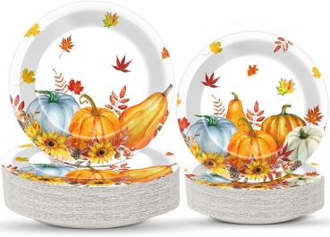 48 Stück Thanksgiving-Herbst-Pappteller, Partyzubehör, Aquarell-Kürbisse, Ahornblätter, Einwegteller (9'' + 7'') für die Herbstparty im Herbst