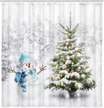 Christmas Shower Curtain, Winter Shower Curtain Set, Cute Bathroom Shower Curtain Sets, Snowman Christmas Tree Shower Curtains, Bathroom Curtains Shower Set Bathroom Decor 72"X72"