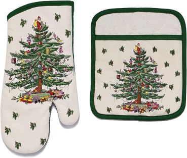 Spode - 2-teiliges Küchenset, passender Ofenhandschuh und Topflappen, Weihnachtsdeko (Spode Weihnachtsbaum-Kollektion)