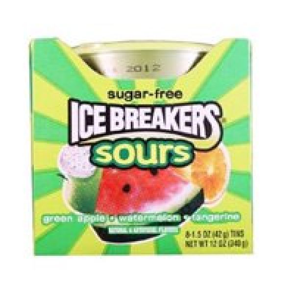 ICE BREAKERS Sours Mints (grüner Apfel, Mandarine und Wassermelone, je ca. 42 g, Behälter, 8er Pack)