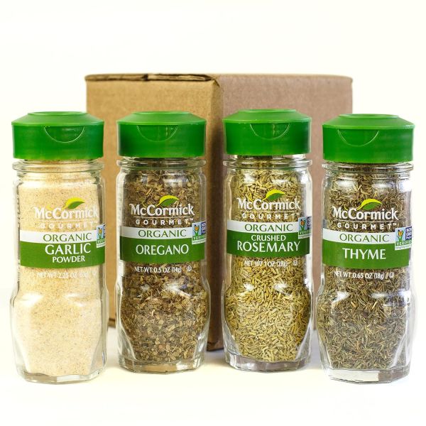 McCormick Gourmet Bio-Knoblauch und Kräuter, Everyday Basics-Sortiment (Oregano, Knoblauchpulver, gemahlener Rosmarin, Thymian),